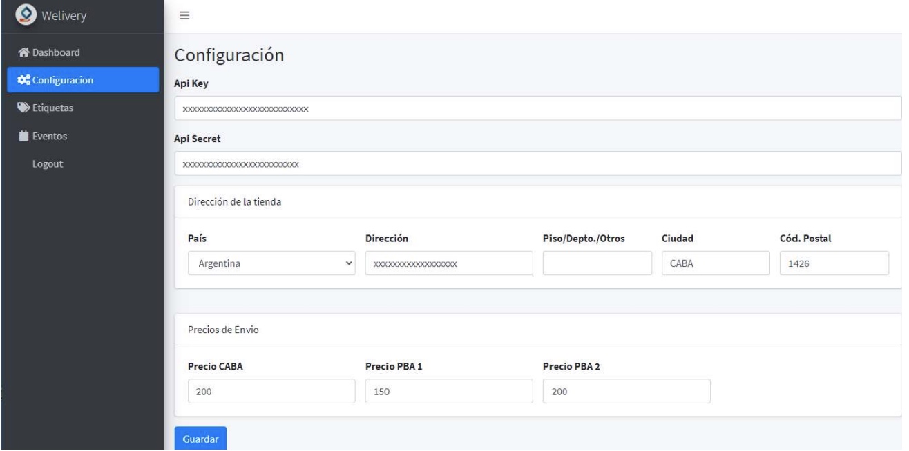 Dashboard settings Welivery